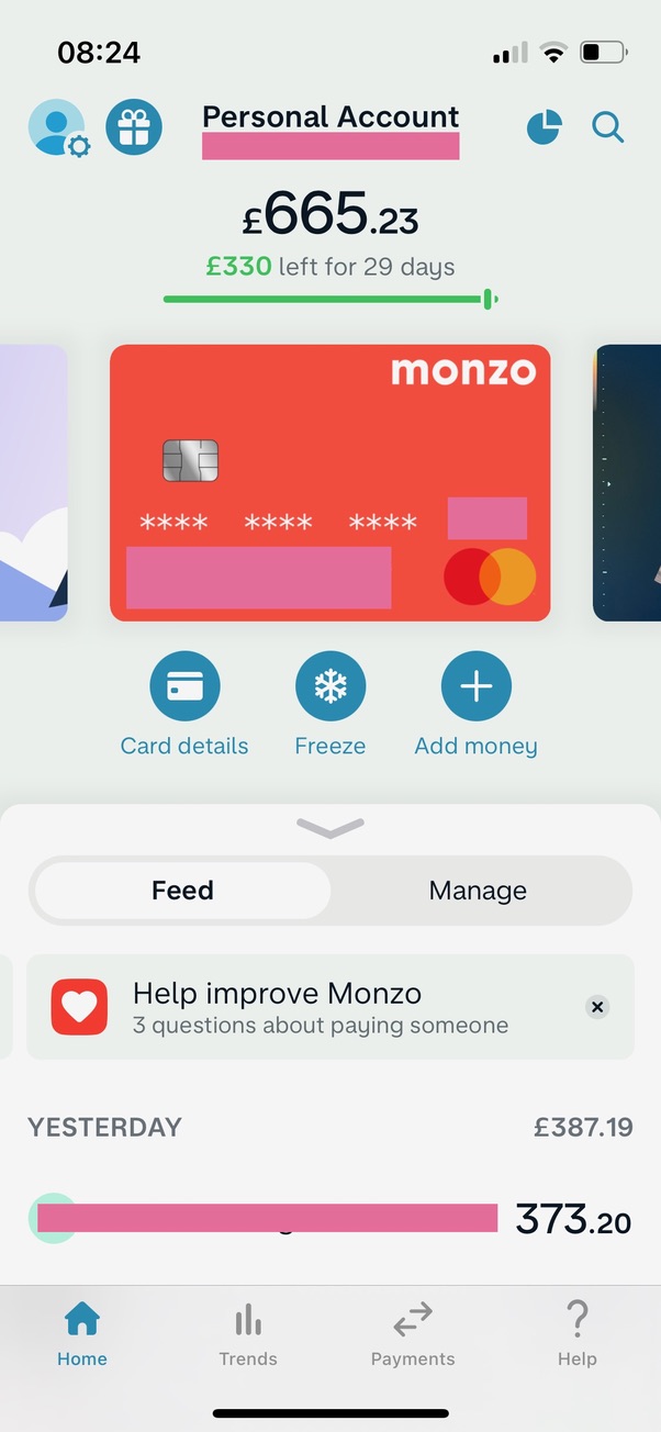 A screenshot from the Monzo banking app showing a call to action button, inviting users to feedback on their sending money feature