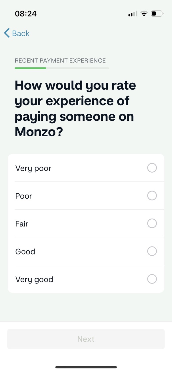 Screen 1 of 3 from Monzo's in app survey asking users to rate the experience of sending money