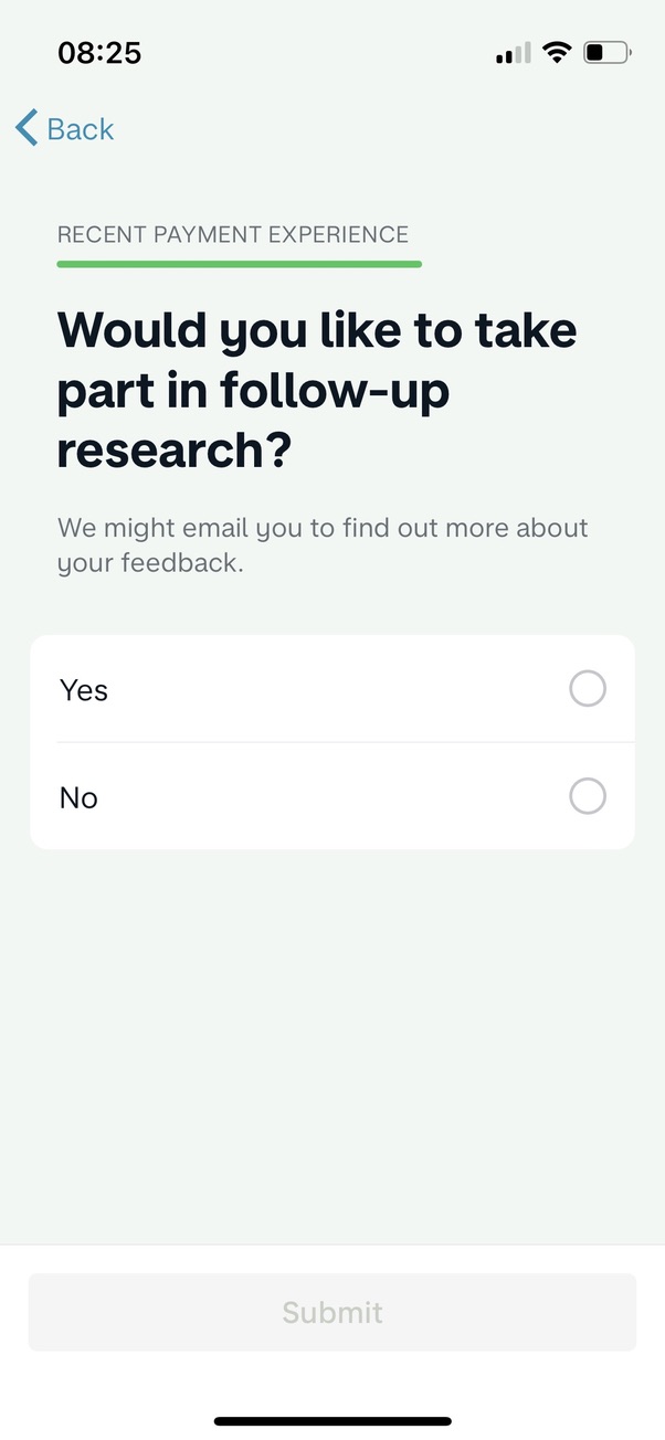 Screen 3 of 3 from Monzo's in app survey asking users if they'd mind being contacted for follow up research