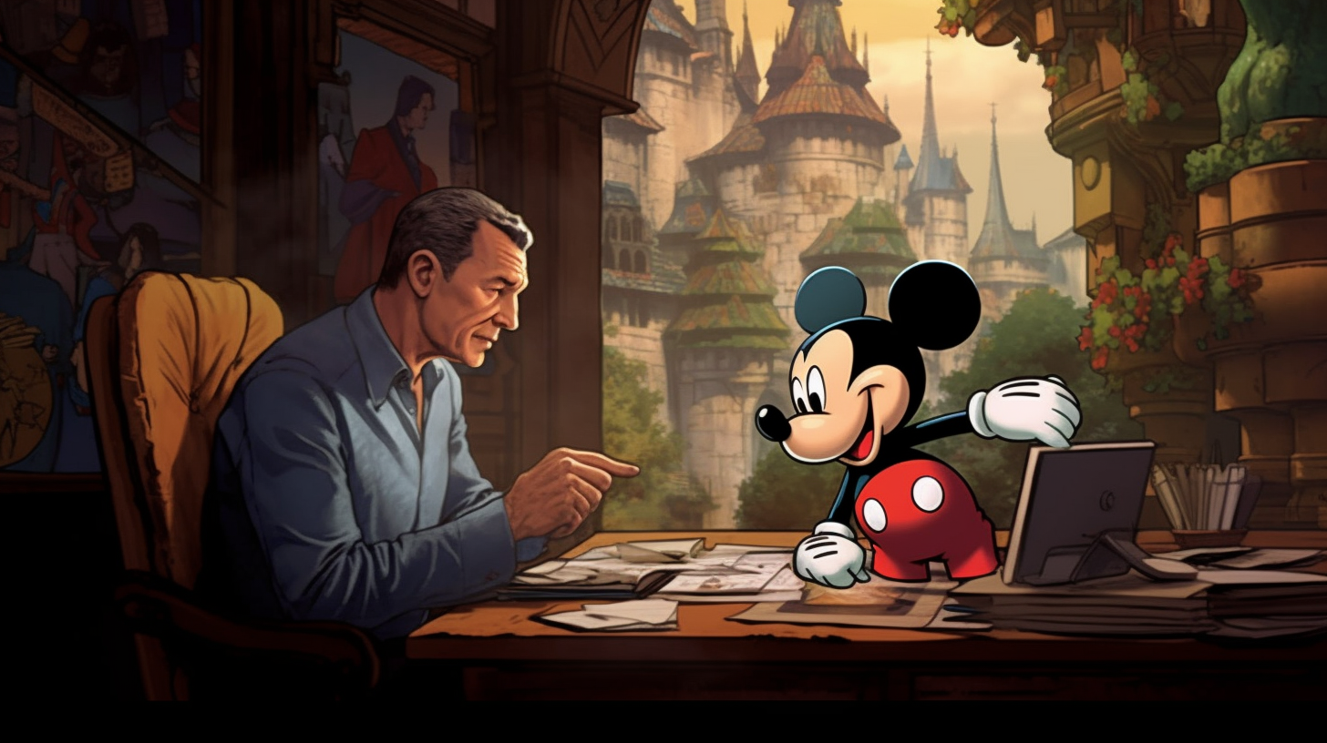 An AI generated image depicting Disney CEO Bob Iger sitting at a desk with a fantastical castle strewn backdrop, giving feedback to a Disney employee, Mickey Mouse