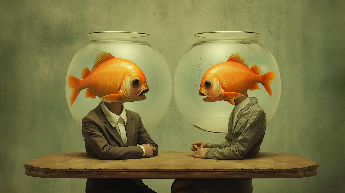 Two people sitting at a table deep in discussion. Both with a goldfish bowl on their head.